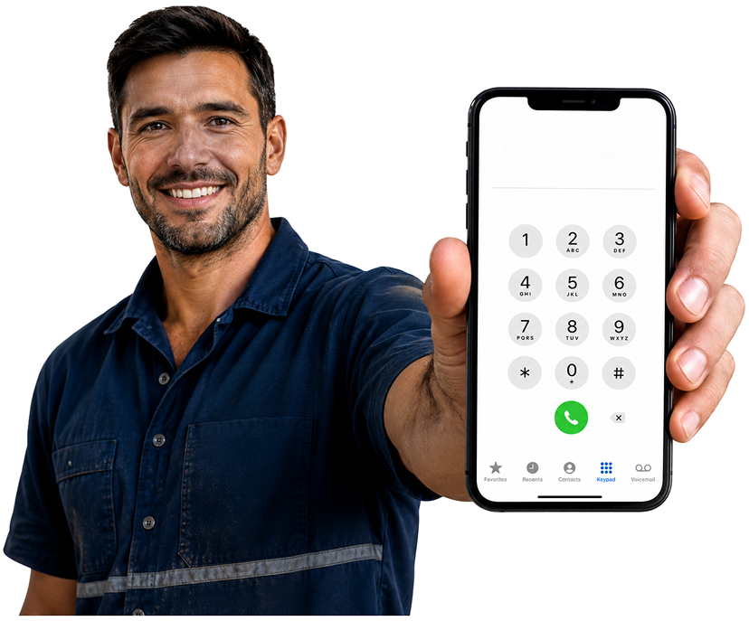 Balmain East Blocked Drains plumber holding a phone — call 1300 261 965