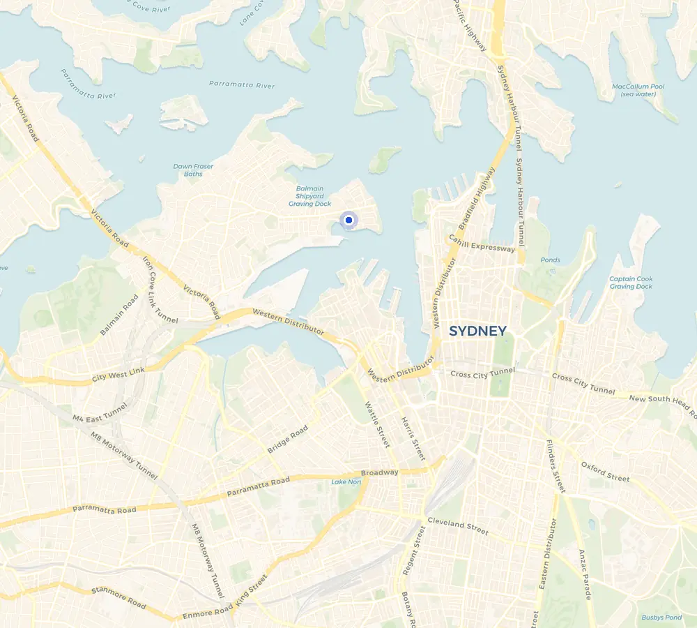 Map of the Balmain East service area and the surrounding Inner West, showing Balmain East and the nearby streets we cover.