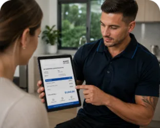 Plumber showing a Balmain East customer the quote on a tablet