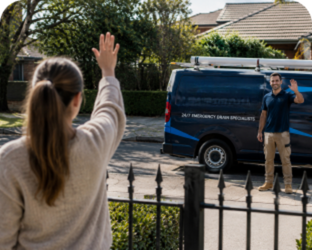 Customer waving goodbye to a Balmain East Blocked Drains plumber
